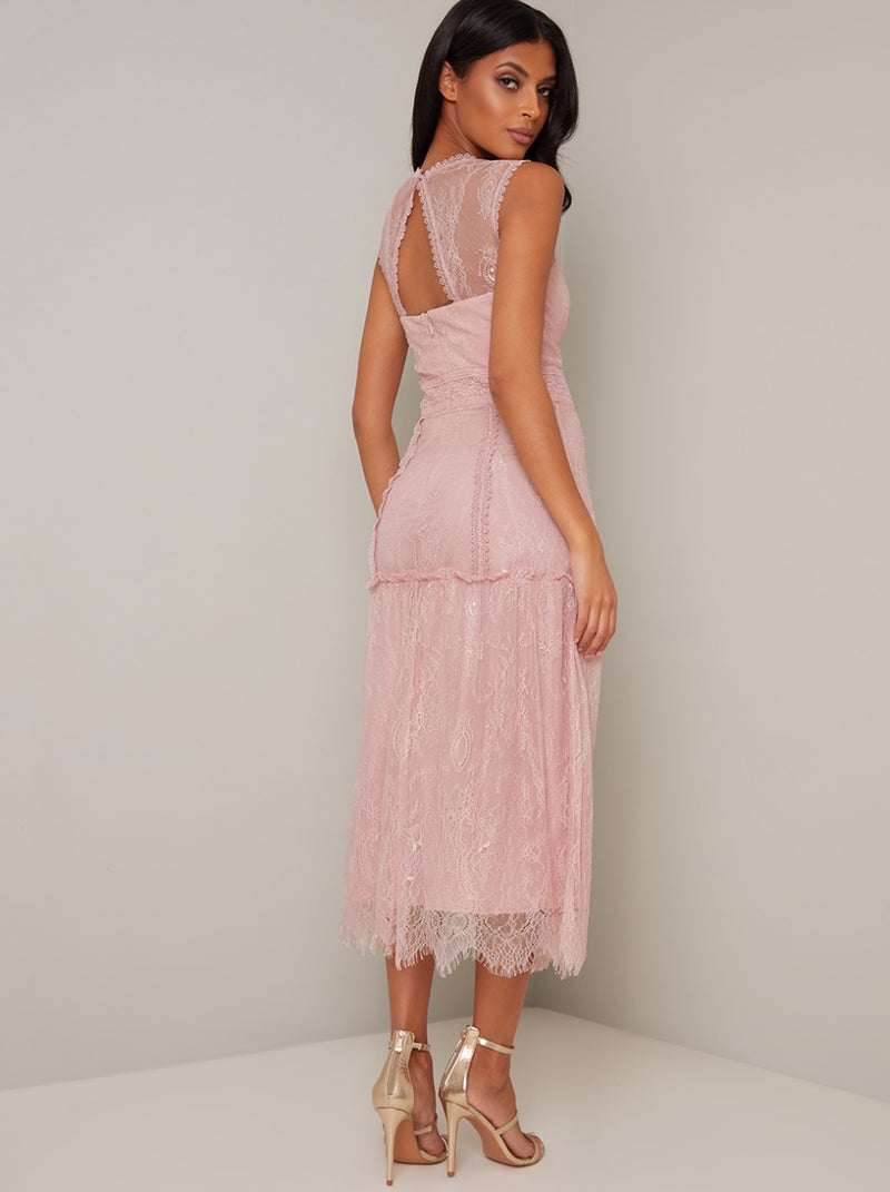 Lace Design Drop Hem Midi Dress in Pink