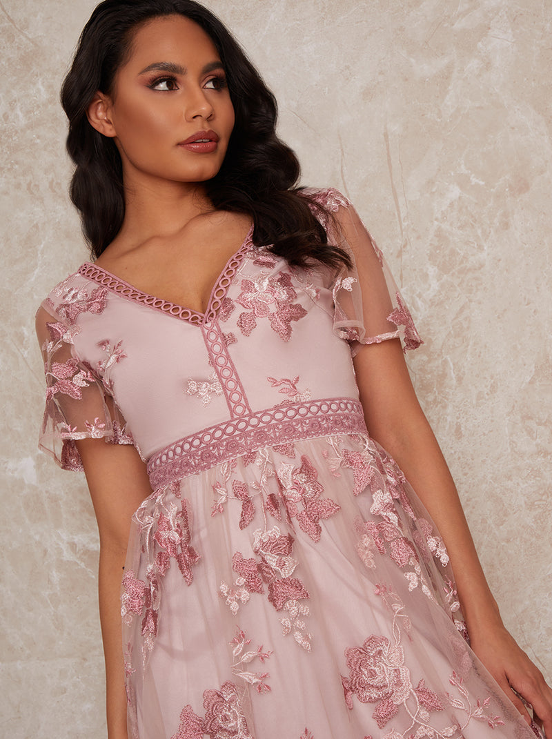 Embroidered Floral Midi Dress in Pink