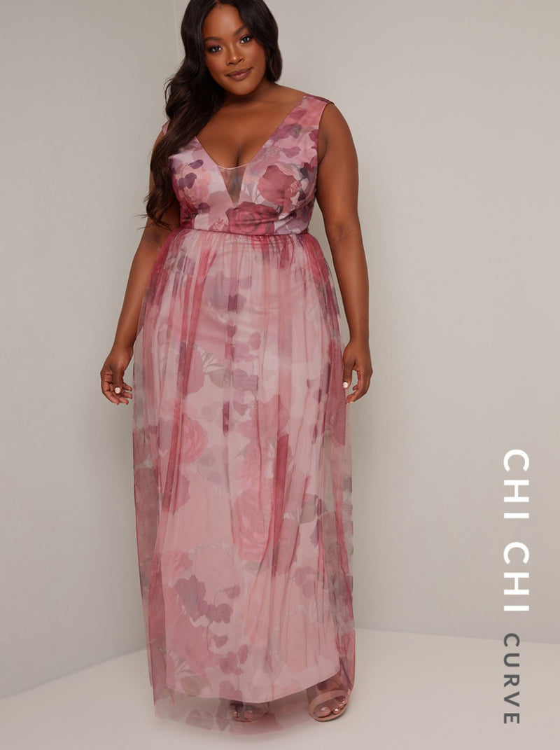 Plus Size Floral Print Tulle Maxi Dress in Pink