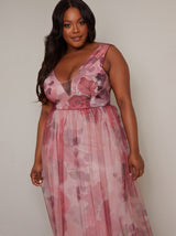 Plus Size Floral Print Tulle Maxi Dress in Pink