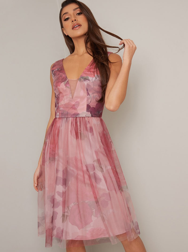 Floral Print V Neck Tulle Skirt Midi Dress in Pink