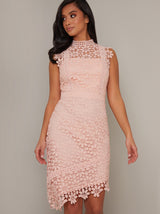 Petite Lace Crochet Bodycon Dress in Rose Gold