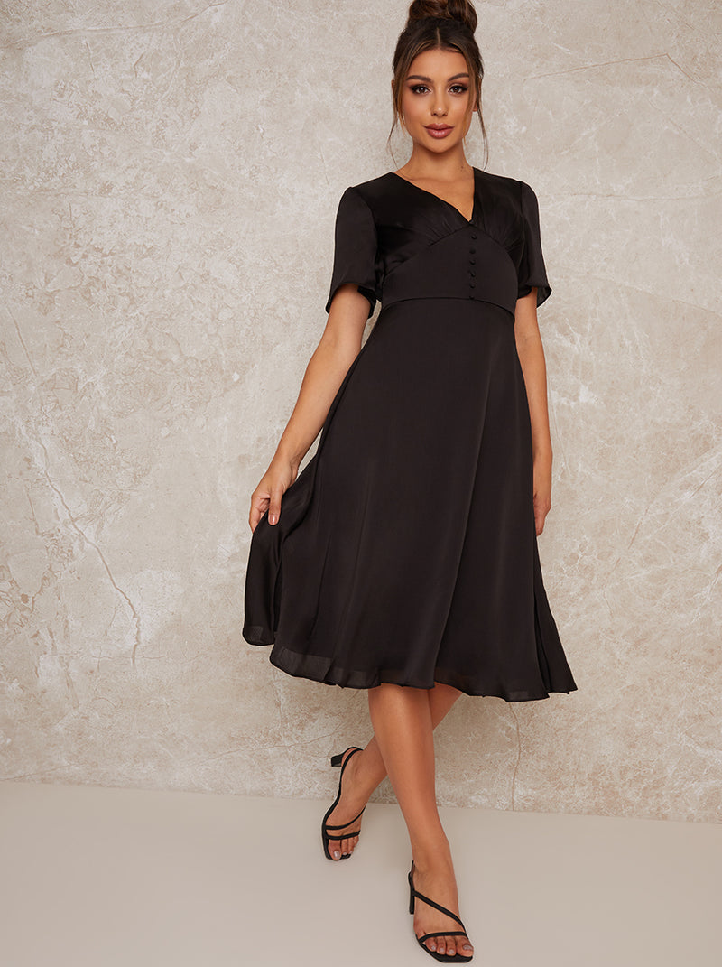 Midi Day Dress with Angel Sleeves in Black