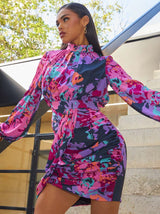 Long Sleeve Floral Abstract Mini Dress in Multi