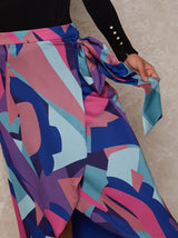 Graphic Print Wrap Detail Midi Skirt in Multi
