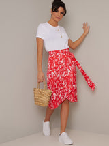 Frill Detail Print Midi Skirt in Red