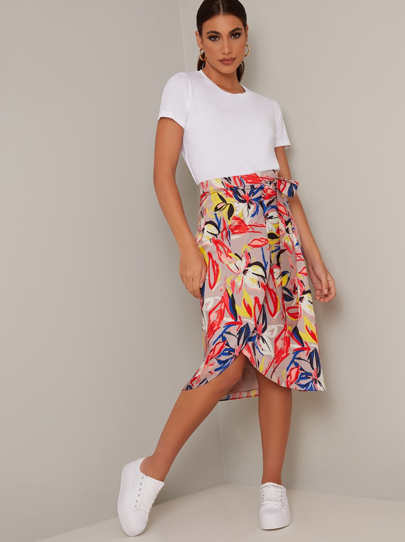 Wrap Style Tropical Print Midi Skirt in Brown
