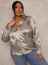 Plus Size Printed Satin Long Sleeve Shirt in Green