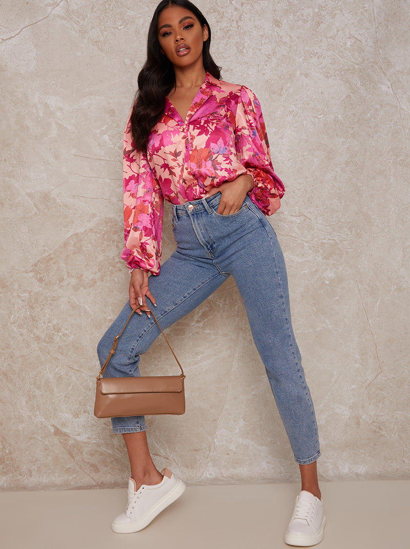 Floral Print Button Up Satin Shirt in Multi