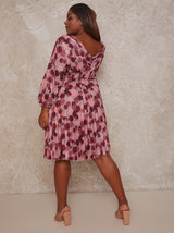 Plus Size Long Sleeve V Neck Floral Dress in Pink