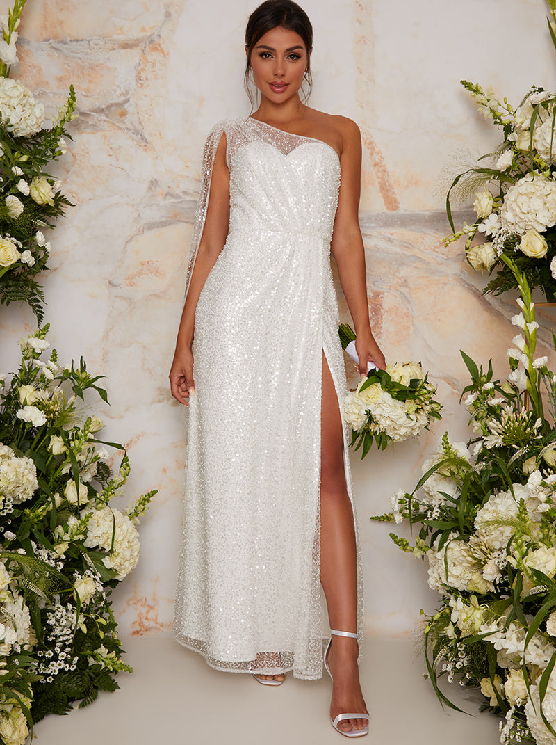 Bridal One Shoulder Sequin Maxi Dress In White