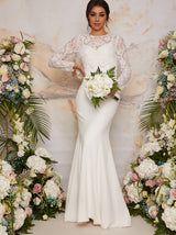 Long Sleeve Lace Bodice Bridal Wedding Dress in White