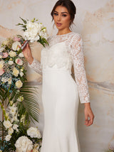 Long Sleeve Lace Bodice Bridal Wedding Dress in White