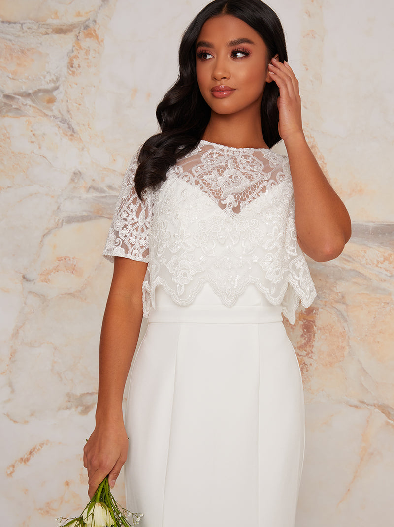 Petite Lace Overlay Bodice Maxi Wedding Dress in White