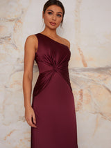 One Shoulder Satin Finish Maxi Dress in Berry