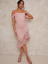 Premium Lace Bardot Midi Dress in Pink