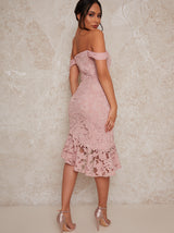 Premium Lace Bardot Midi Dress in Pink