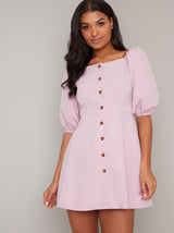 Puff Sleeve Buttoned Mini Dress in Pink