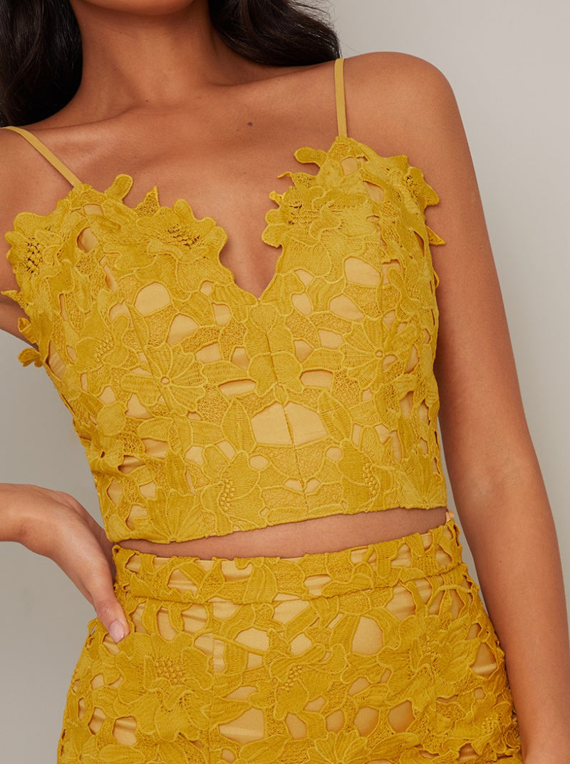 Cami Strap Premium Lace Crop Top in Yellow