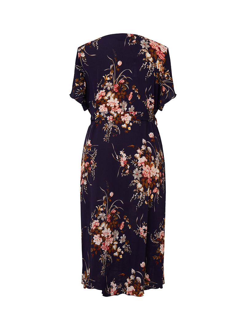 Plus Size Ruffle Sleeved Floral Print Midi Dress in Navy