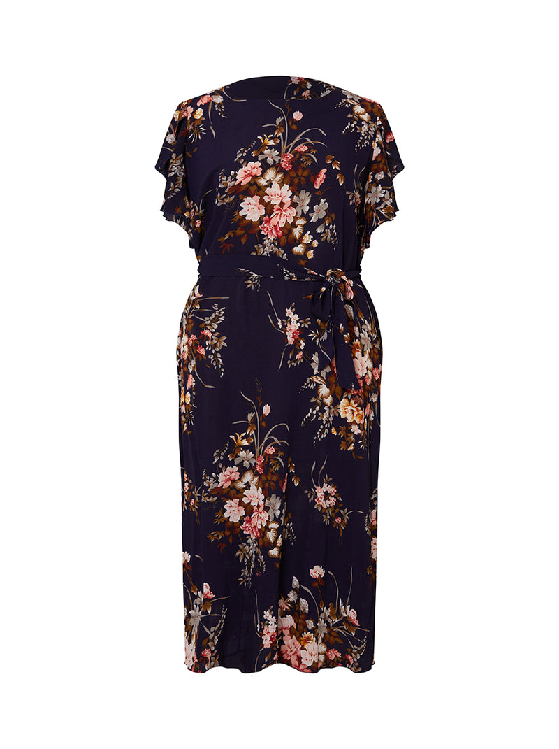 Plus Size Ruffle Sleeved Floral Print Midi Dress in Navy