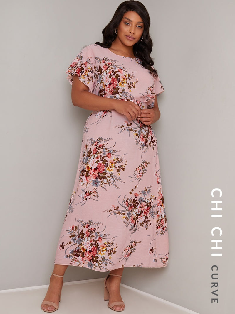 Plus Size Ruffle Sleeved Floral Midi Dress in Pink
