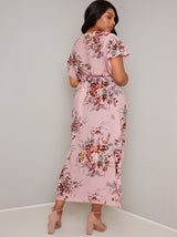 Plus Size Ruffle Sleeved Floral Midi Dress in Pink