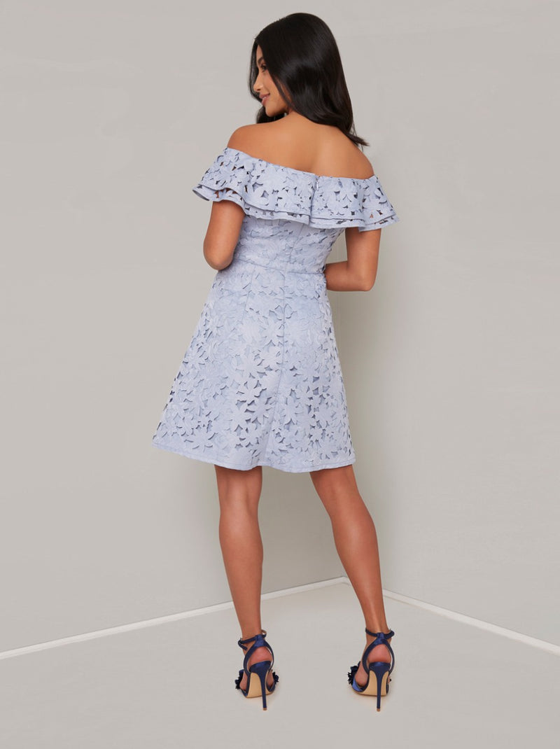 Petite Laser Cut Mini Dress with Floral Design in Blue