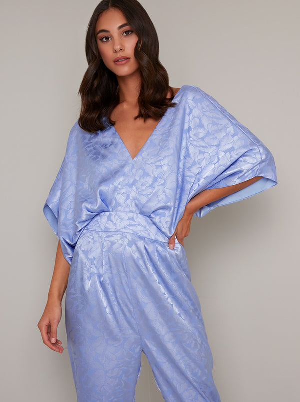 Silky Cape Detail Jumpsuit in Blue