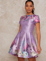 Petite Cap Sleeve Floral Print Midi Dress in Purple