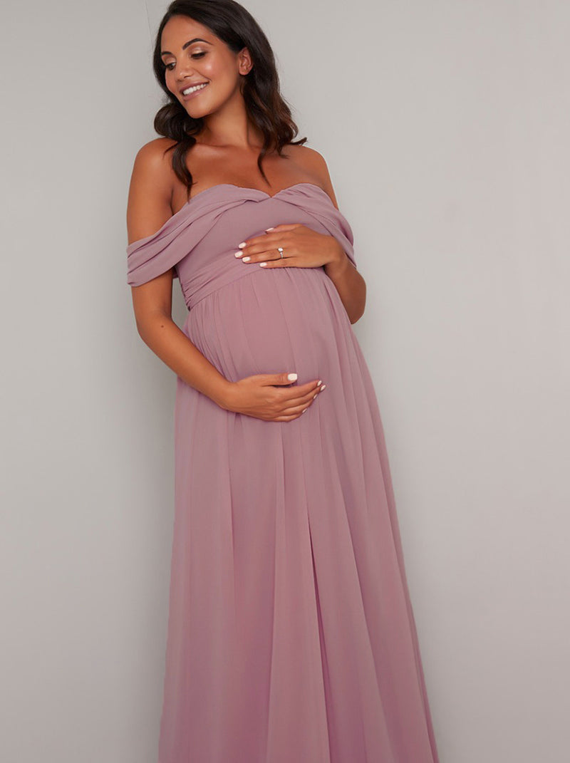 Maternity Drape Bardot Maxi Dress in Mink