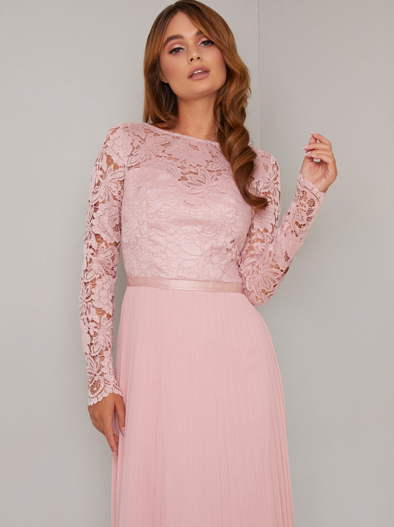 Long Sleeve Lace Bodice Maxi Dress in Pink
