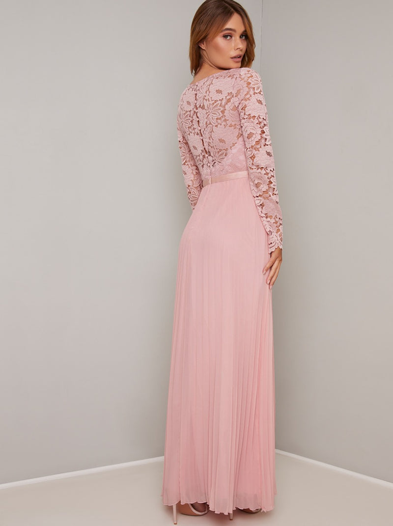 Long Sleeve Lace Bodice Maxi Dress in Pink