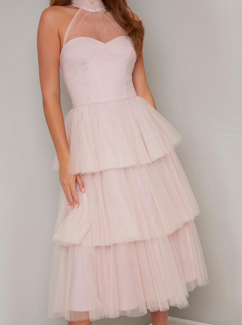 Tulle Tiered Midi Dress in Pink