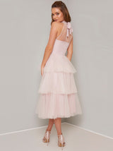 Tulle Tiered Midi Dress in Pink