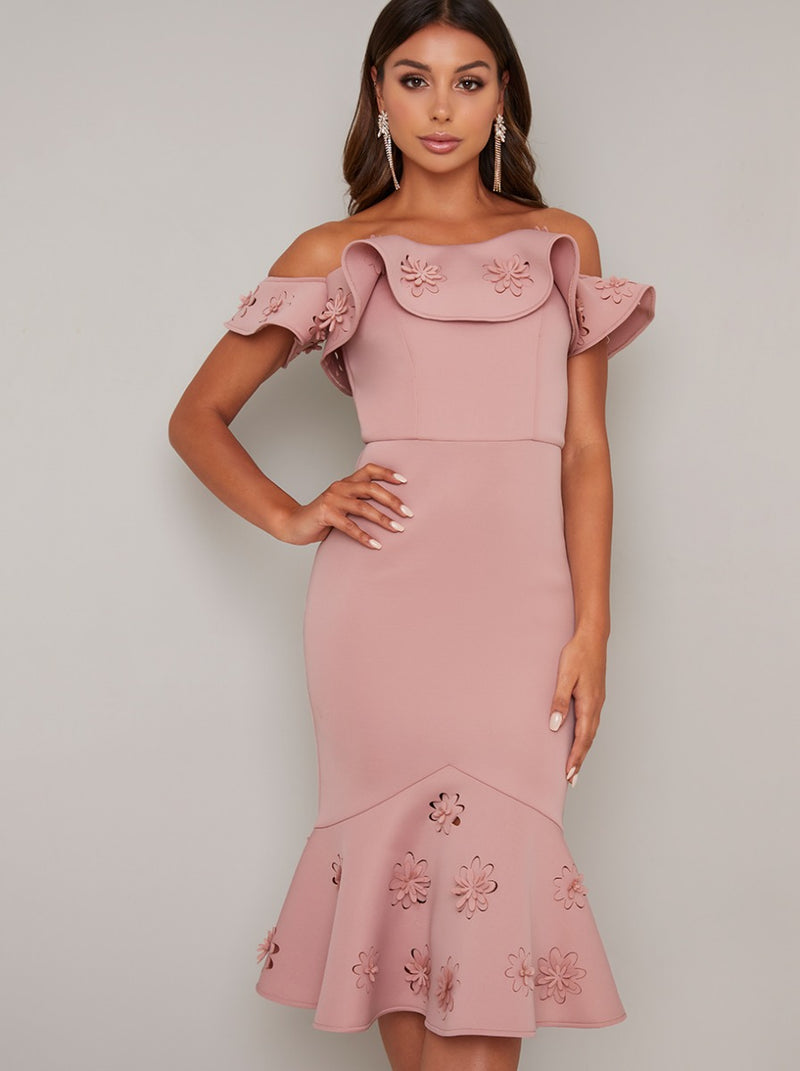 Laser Cut Floral Bardot Bodycon Dress in Pink
