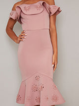 Laser Cut Floral Bardot Bodycon Dress in Pink