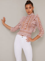 High Neck Sheer Crochet Lace Top in Pink
