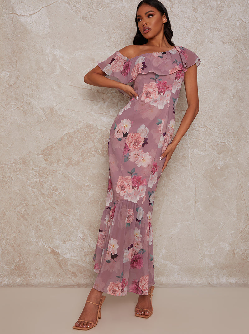 Floral Frill Detail Printed Maxi Dress