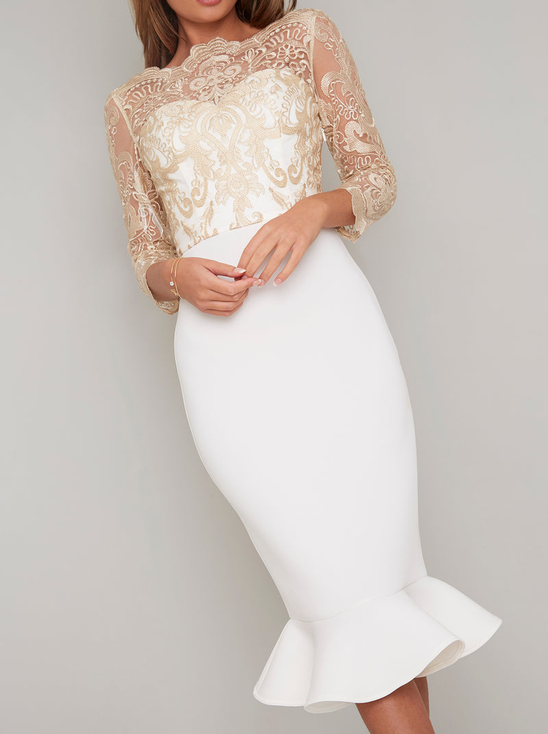 Lace Embroidered Bodice Bodycon Dress in White