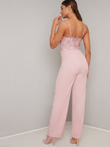 Cami Strap Lace Bodice Wide Leg Jumpsuit in Pink