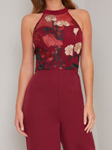 Lace Bodice Wide Leg Jumpsuit in Red