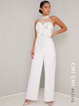 Petite High Neck Embroidered Wide Leg Jumpsuit in Cream