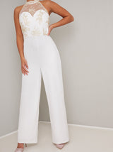 Petite High Neck Embroidered Wide Leg Jumpsuit in Cream