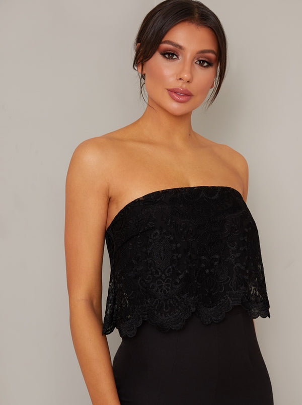 Strapless Overlay Fitted Jumpsuit in Black
