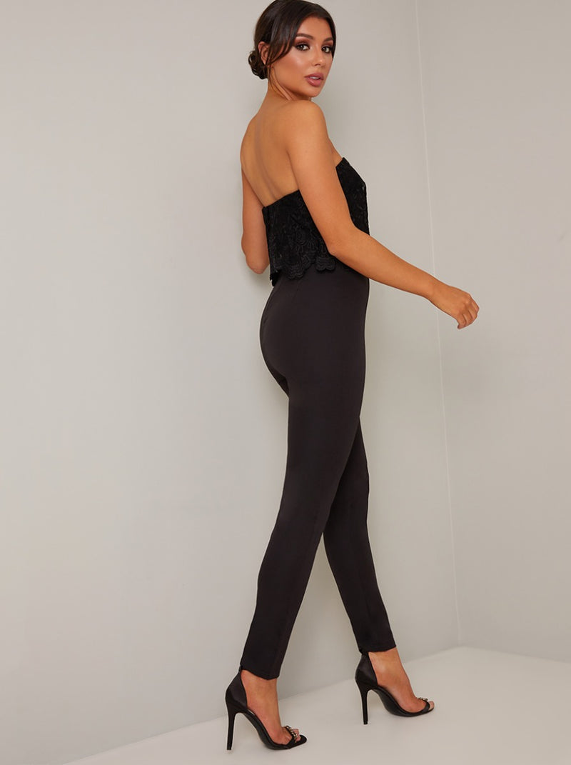 Strapless Overlay Fitted Jumpsuit in Black