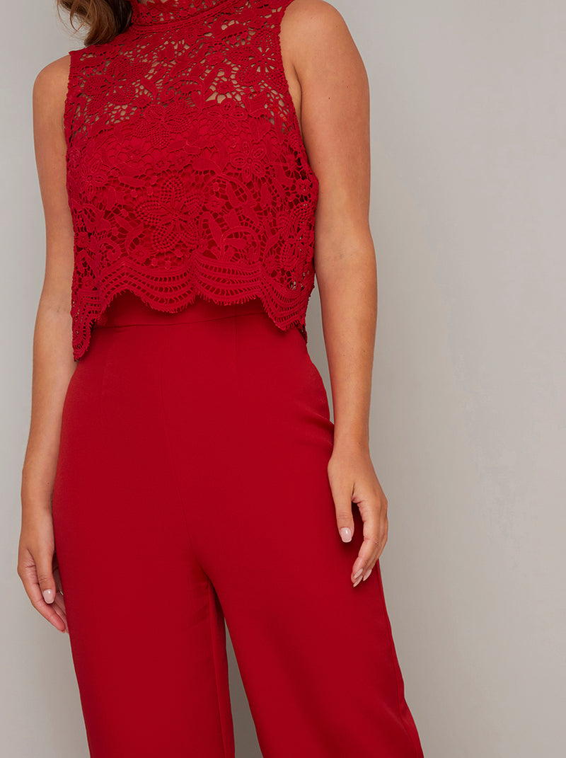 Lace Overlay Flared Leg Jumpsuit in Red