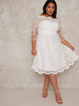 Plus Size Lace Long Sleeve Midi Wedding Dress in White