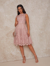 Cap Sleeved Embroidered Midi Tea Dress in Pink