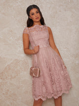 Cap Sleeved Embroidered Midi Tea Dress in Pink